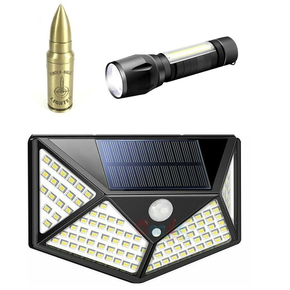 Set 4 Lampi solara pentru exterior 100 LED-duri cu senzor de miscare cu Bricheta  glont si mini lanterna cu incarcare USB | Okazii.ro