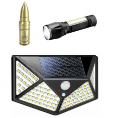 Pachet format din 8 Lampi solare pentru exterior 100 LED-duri cu senzor de miscare cu Bricheta glont si mini lanterna cu incarcare USB