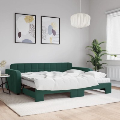 vidaXL Pat de zi cu extensie și saltele verde &amp;icirc;nchis 90x200 cm catifea 3196955 foto