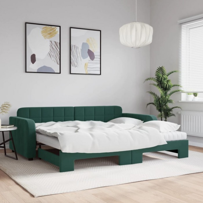 vidaXL Pat de zi cu extensie și saltele verde &icirc;nchis 90x200 cm catifea 3196955