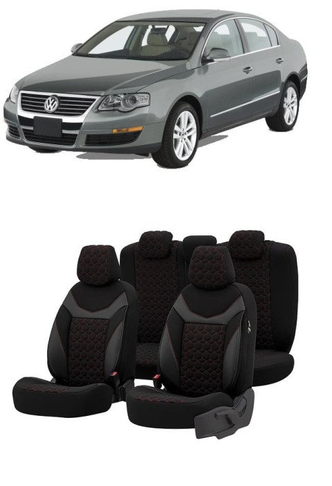 Set huse scaune SAPPHIRE compatibile VW Passat B6 (2005-2010)Piele+Textil (ROSU)