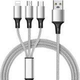 Cablu incarcare rapida telefon 3in1,micro USB,type C,iphone,lungime 115 cm - Gri