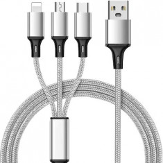 Cablu incarcare rapida telefon 3in1,micro USB,type C,iphone,lungime 115 cm - Gri