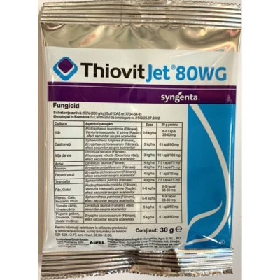 Thiovit Jet 80WG 30 gr, fungicid de contact pe baza de Sulf, Syngenta, fainare (ardei, cais, castraveti, orz, triticale, secara, dovleac, mar, morcov, foto