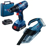 Bosch GAS 18V-1 + GSR 180-LI - Aspirator 60 mbar + Masina de gaurit si insurubat cu 2 acumulatori Li-Ion 18 V 2 Ah 54 Nm valiza plastic
