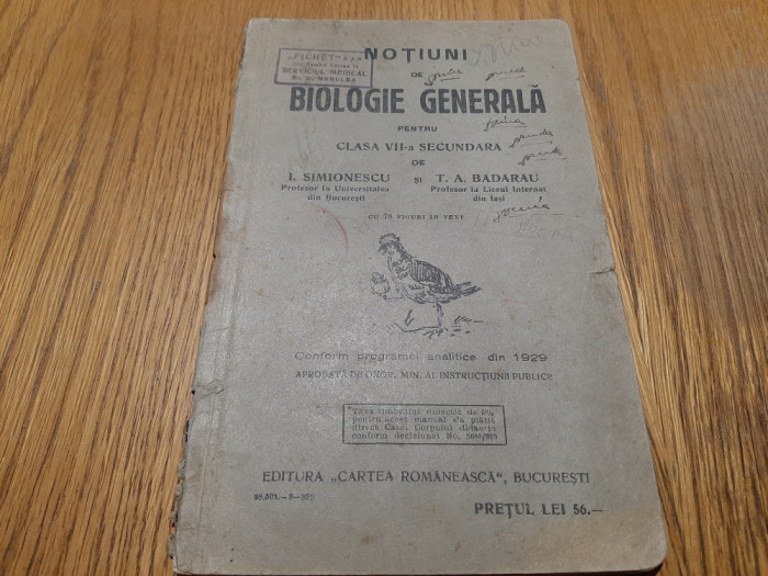 NOTIUNI DE BIOLOGIE GENERALA - I. Simionescu, T. A. Badarau -1929, 95 p.