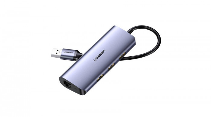 Adaptor multifuncțional Ugreen HUB USB tip C - 3 x USB / Ethernet RJ-45 / micro USB, gri (CM252)