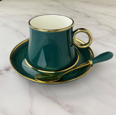 Set Ceasca de cafea din ceramica cu farfurie si lingurita,Verde Royal foto