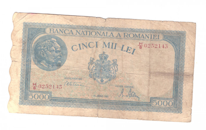 Bancnota 5000 lei 21 august 1945, circulata, uzata