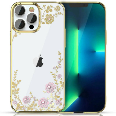 Husa Cover Kingxbar Flora Series pentru iPhone 13 Pro Gold/Pink foto