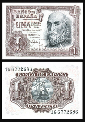 SPANIA █ bancnota █ 1 Peseta █ 1953 █ P-144 █ UNC █ necirculata foto