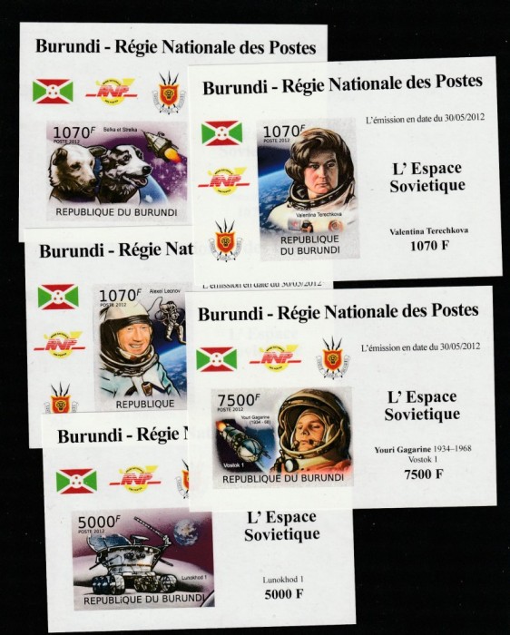 Burundi 2012 - Spatiu , Cosmos , Cosmonauti , caini , 5 colite nedantelate
