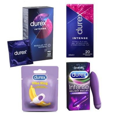 Pachet Prezervative Durex Intense 10 bucati + Lubrifiant Gel Intense 10 ml + Inel Vibrator + Delight Bullet foto
