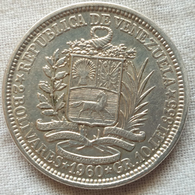 Moneda 2 bolivar 1960 Venezuela argint foto