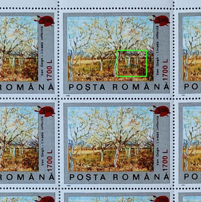 RO 2000 ,LP 1513 , &quot; 100 ani m. Van Gogh s./1990&quot; , coli ,EROARE/pata L1/C3,MNH