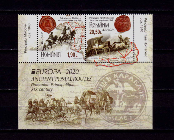 RO 2020 LP 2280 &quot;Europa - Vechi rute postale&quot; , serie TI cu manseta+tabs , MNH