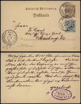 Germany Wurtemberg 1894 Uprated stationery Stuttgart to Strasbourg Alsace D.289 foto