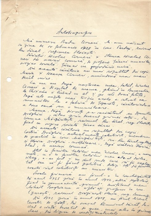 A3391N Autobiografie scrisă olograf și semnată de Radu C&acirc;rneci, 1964, Bacău