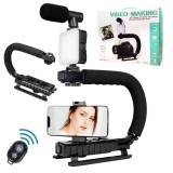 Kit vlogging complet pentru camera, telefon, trepied in forma de U, telecomanda bluetooth, microfon