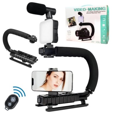 Kit vlogging complet pentru camera, telefon, trepied in forma de U, telecomanda bluetooth, microfon foto