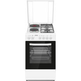 Aragaz mixt Heinner HFSC-S56E2HSWH, 2 arzatoare gaz + 2 plite electrice, aprindere electrica arzatoare, cuptor electric, clasa A, grill, 50x60 cm, alb