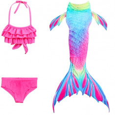 Set 3 piese Costum de baie Sirena THK®, include top, slip, coada sirena, Roz, Albastru deschis, 110 cm
