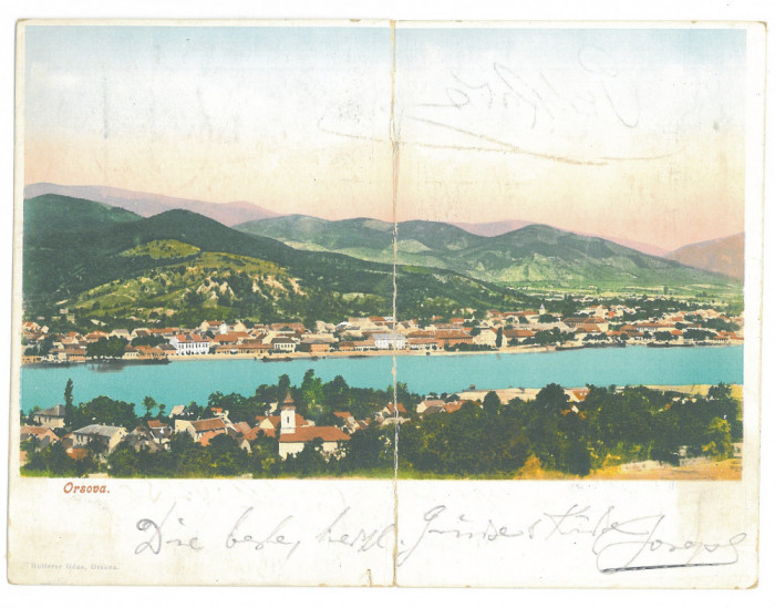 1635 - ORSOVA, Panorama, Romania - old double postcard - used - 1908