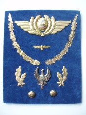 PANOU CU ACCESORII UNIFORMA OFITER AVIATIE : CUC, PETLITE, SEMN ARMA, INSIGNA OBS. BORD, 1980, IM 1.181