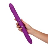 Vibrator dublu TOYZ4LOVERS Elys Cupid Arrow, cu 2 capete pentru jocuri &icirc;n cuplu, cu telecomandă, 35 cm, mov