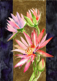 E96. Tablou original, Contraste aurii cu flori roz, acuarela, neinramat, 21x29cm, Art Deco