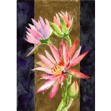 E96. Tablou original, Contraste aurii cu flori roz, acuarela, neinramat, 21x29cm