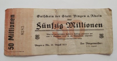 Germania - 50 Millionen Mark 1923 - Binegn a. Rein - Inflatie foto