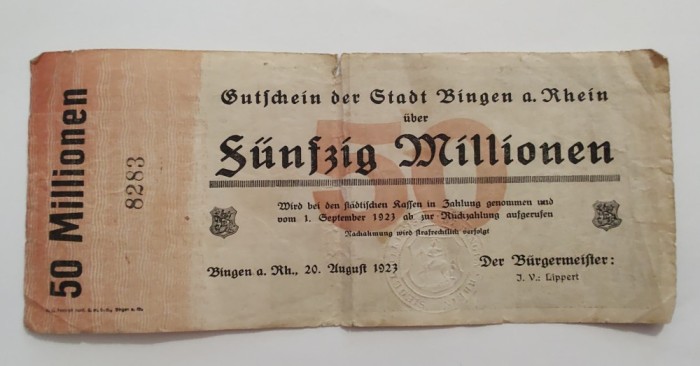 Germania - 50 Millionen Mark 1923 - Binegn a. Rein - Inflatie