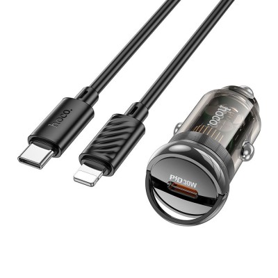 Incarcator auto Hoco Z53, Type-C PD QC3.0 30W + Cablu Type-C la Lightning, Negru foto