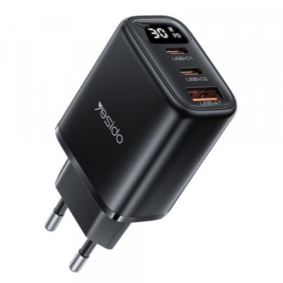 Incarcator Retea Yesido YC69 Display, 30W, 3A, 1 x USB-A - 2 x USB-C, Negru foto