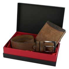 Set cadou pentru barbati Curea si portofel din piele, Maro