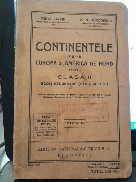 Continentele fara Europe si America de Nord pentru clasa II - Mihai David, P.N. Mirodescu