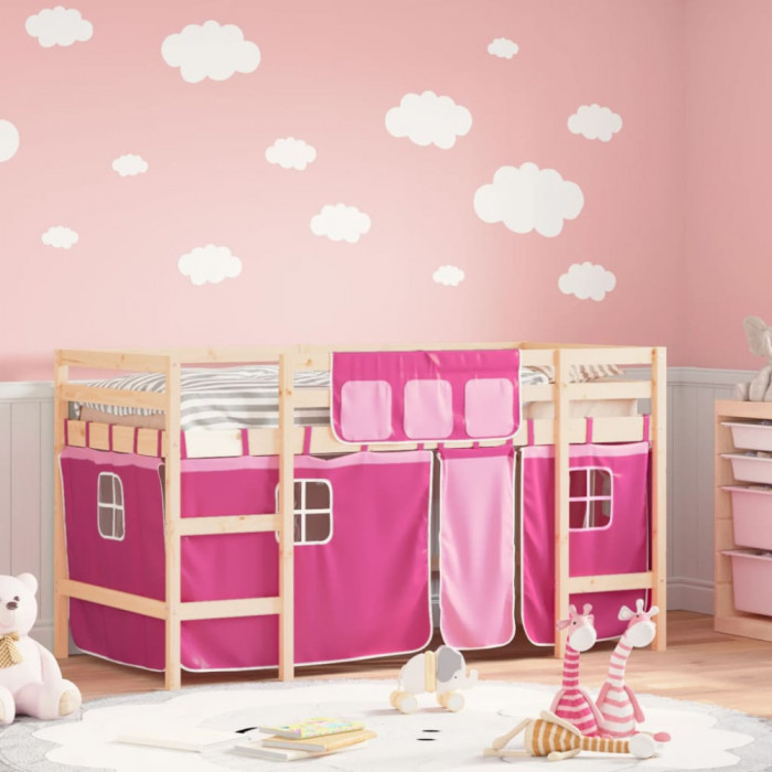 vidaXL Pat etajat de copii cu perdele, roz, 90x190 cm, lemn masiv pin