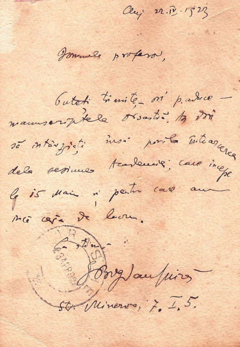 Autograf: Bogdan-Duica, catre profesorul Valeriu Bora din Orastie, 1923