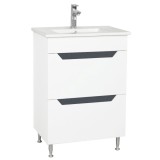 Baza si lavoar ceramic GN0561, mobilier baie stativ 60 cm, dreptunghiular, front MDF, 2 sertare, glisiere soft close, picioare cromate reglabile, alb