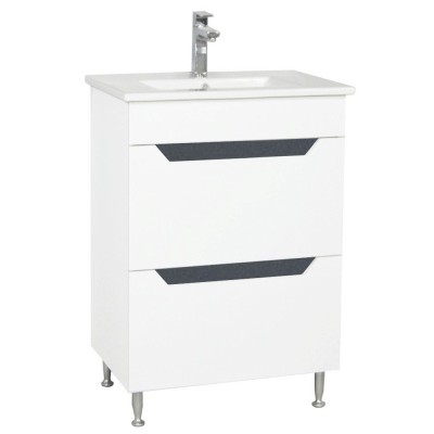 Baza si lavoar ceramic GN0561, mobilier baie stativ 60 cm, dreptunghiular, front MDF, 2 sertare, glisiere soft close, picioare cromate reglabile, alb foto