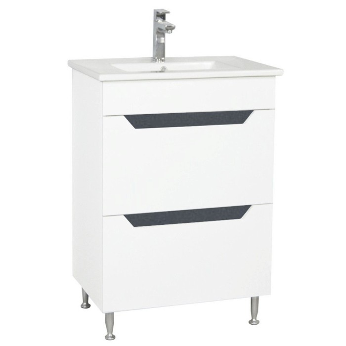 Baza si lavoar ceramic GN0561, mobilier baie stativ 60 cm, dreptunghiular, front MDF, 2 sertare, glisiere soft close, picioare cromate reglabile, alb