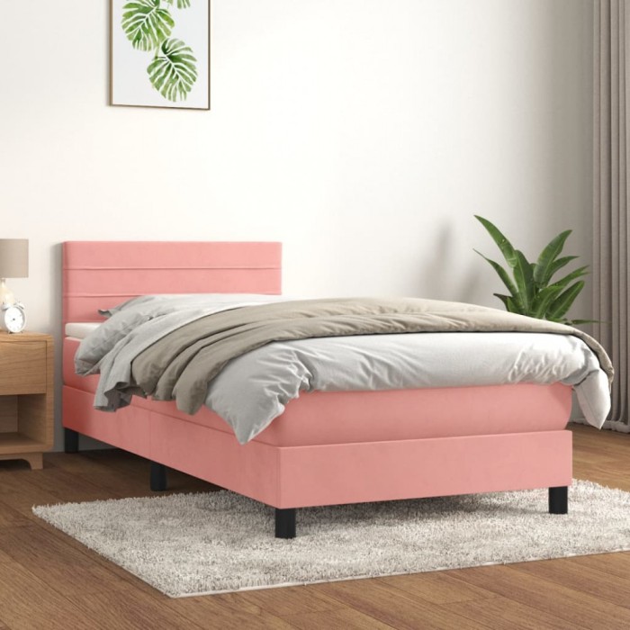 vidaXL Pat box spring cu saltea, roz, 90x190 cm, catifea 3141340
