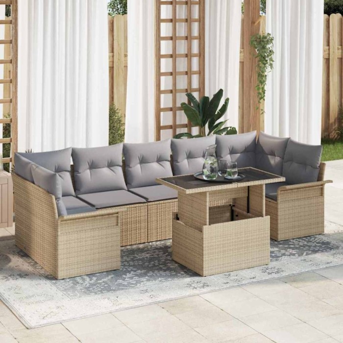 vidaXL Set de canapele pentru grădină cu pernă 8 pcs Bej Rattan poli 3348236