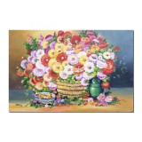Tablou pictat manual gigant living, Cos cu flori si fructe, parfum de sarbatoare, 120x80cm ulei pe panza, gata de agatat pe perete