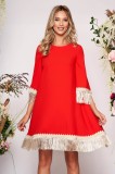 Rochie LaDonna rosie eleganta cu croi larg din stofa neelastica cu franjuri si maneca trei sferturi