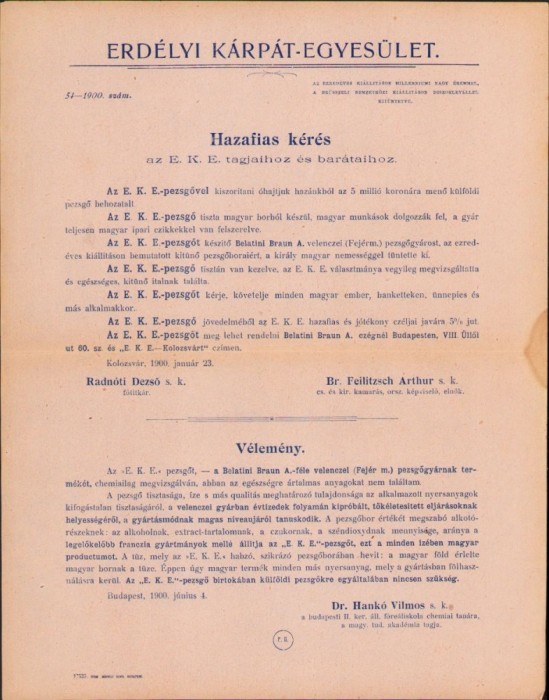 A487 Reclamă la șampanie de producție maghiară, Erd&eacute;lyi K&aacute;rp&aacute;t Egyes&uuml;let, Cluj, 1900