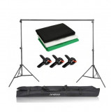 Kit studio foto, suport fundal reglabil 2x3m, clesti inclusi + 3 panze de fundal multicolore 2x3m