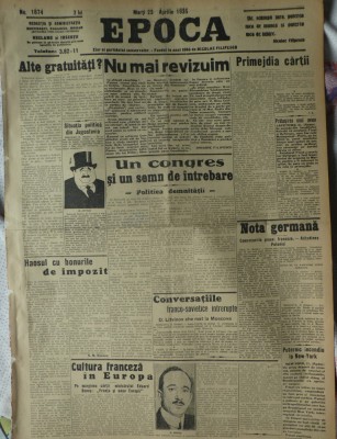 Epoca , ziar al Partidului Conservator , nr. 1874 , 1935 , Grigore Filipescu foto