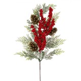 Ramură Decorativă Plastic, Model Crăciun, Conuri cu Glitter Auriu, Pomușoare Roșii, 57cm, Oem